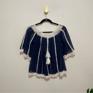 Handmade Vintage Linen Crochet Navy Blue Drawstring Peasant Cottagecore Top